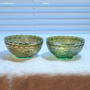 Vintage Imperial Grape and Leaf Green Carnival Glass Bowl Scalloped Rim Set of 2